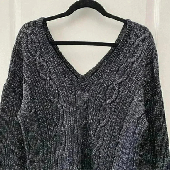 Topshop Oversized Sweater Cable Knit V Neck Tunic Black Silver Metallic Small 4 - Picture 5 of 15
